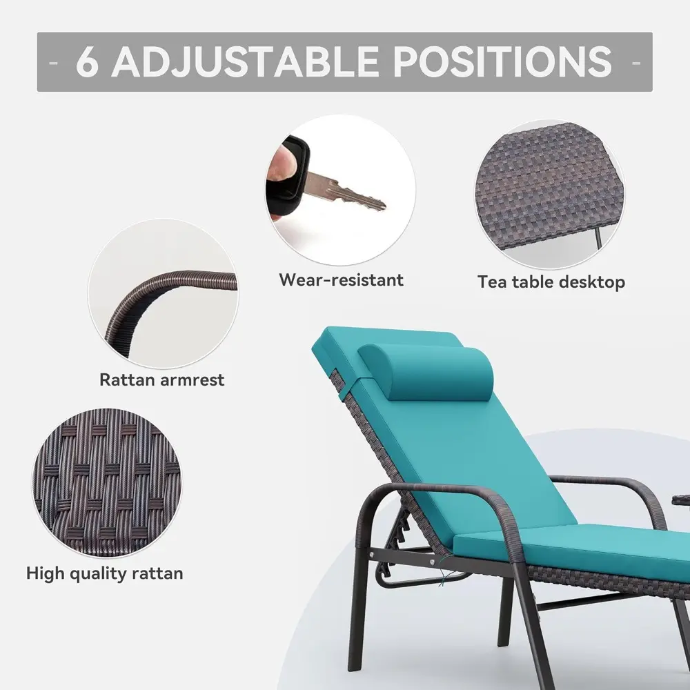 3 Pieces Patio Chaise Lounge Set Outdoor PE Rattan Armrest Lounge Chair Adjustable Backrest Reclining Chair with Folding Table