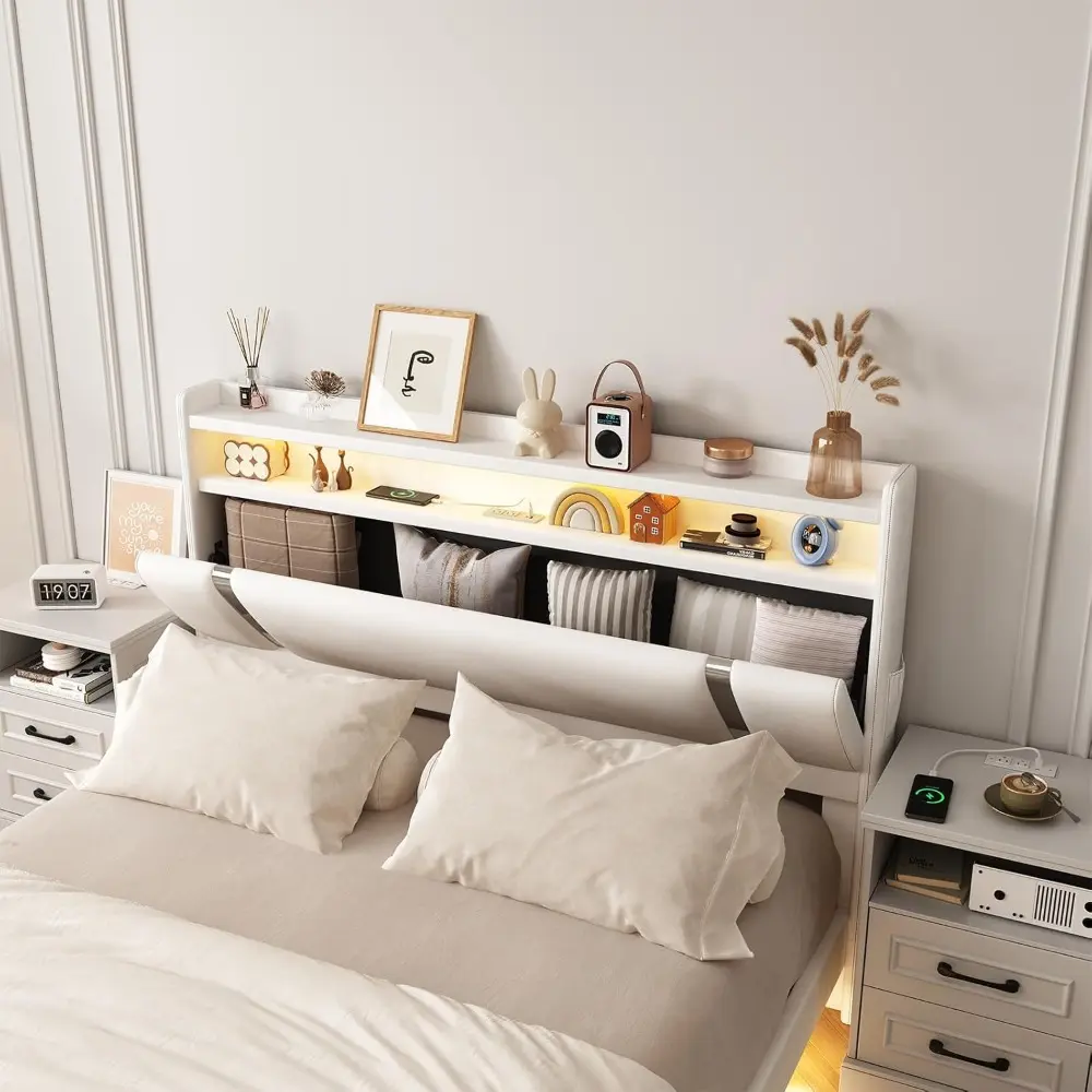 Floating Bed Frame with LED Light and Charging Station, Modern White Queen Size Metal Platform Bed Frame with Storage Headboard,