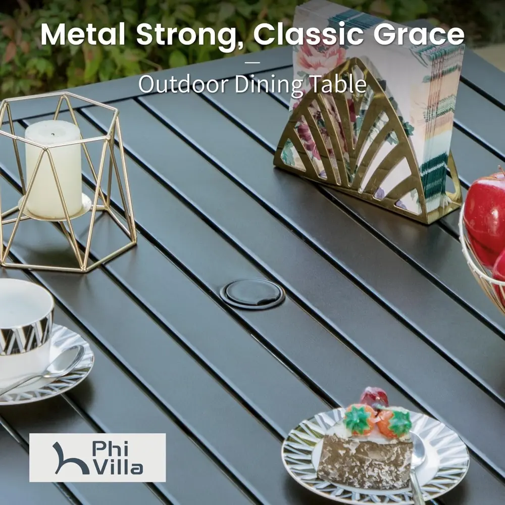 5 Piece Outdoor Dining Set with 10ft Umbrella, 37" Square Metal Dining Table & 4 Stacking Metal Chair with 3 Tier Beige Umbrell
