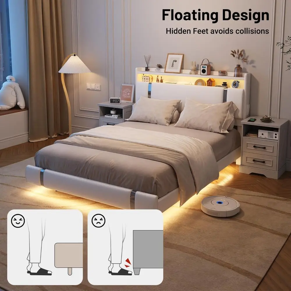 Floating Bed Frame with LED Light and Charging Station, Modern White Queen Size Metal Platform Bed Frame with Storage Headboard,
