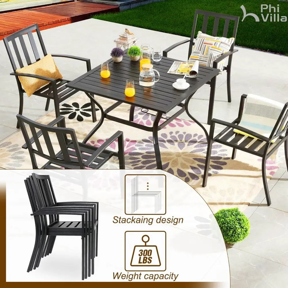 5 Piece Outdoor Dining Set with 10ft Umbrella, 37" Square Metal Dining Table & 4 Stacking Metal Chair with 3 Tier Beige Umbrell