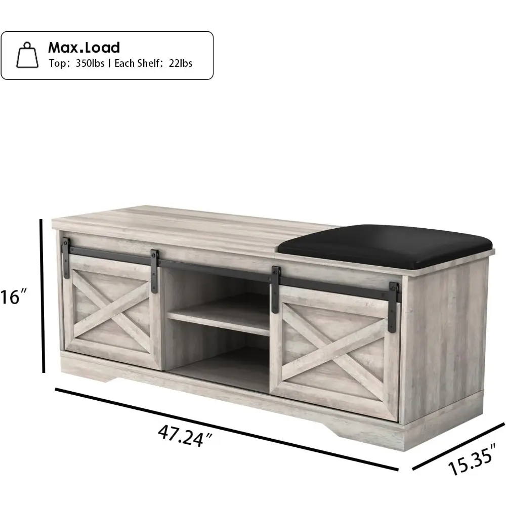 Shoe Bench Entryway with Storage, Modern Grey Shoe Cabinet with Sliding Barn Door, Storage Indoor Bench with 3 Adjustable Shelve