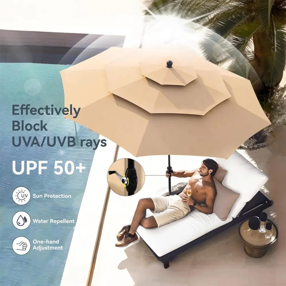 5 Piece Outdoor Dining Set with 10ft Umbrella, 37" Square Metal Dining Table & 4 Stacking Metal Chair with 3 Tier Beige Umbrell