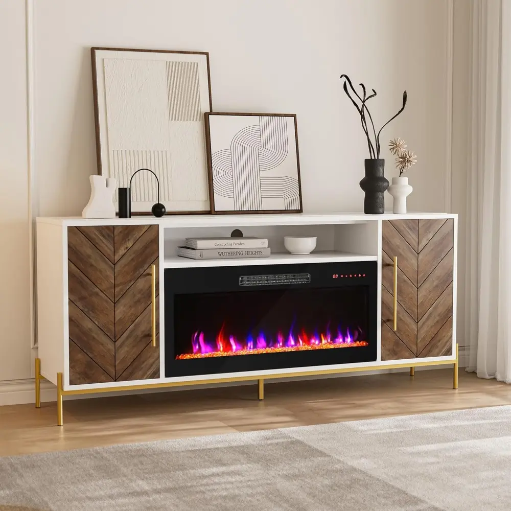 68" Wood TV Stand with 36" Electric Fireplace, Entertainment Center with Storage Cabinet, Console Table for TVs up to 75 Inches
