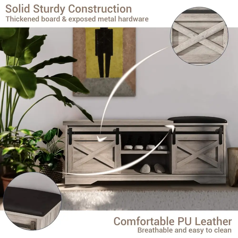 Shoe Bench Entryway with Storage, Modern Grey Shoe Cabinet with Sliding Barn Door, Storage Indoor Bench with 3 Adjustable Shelve