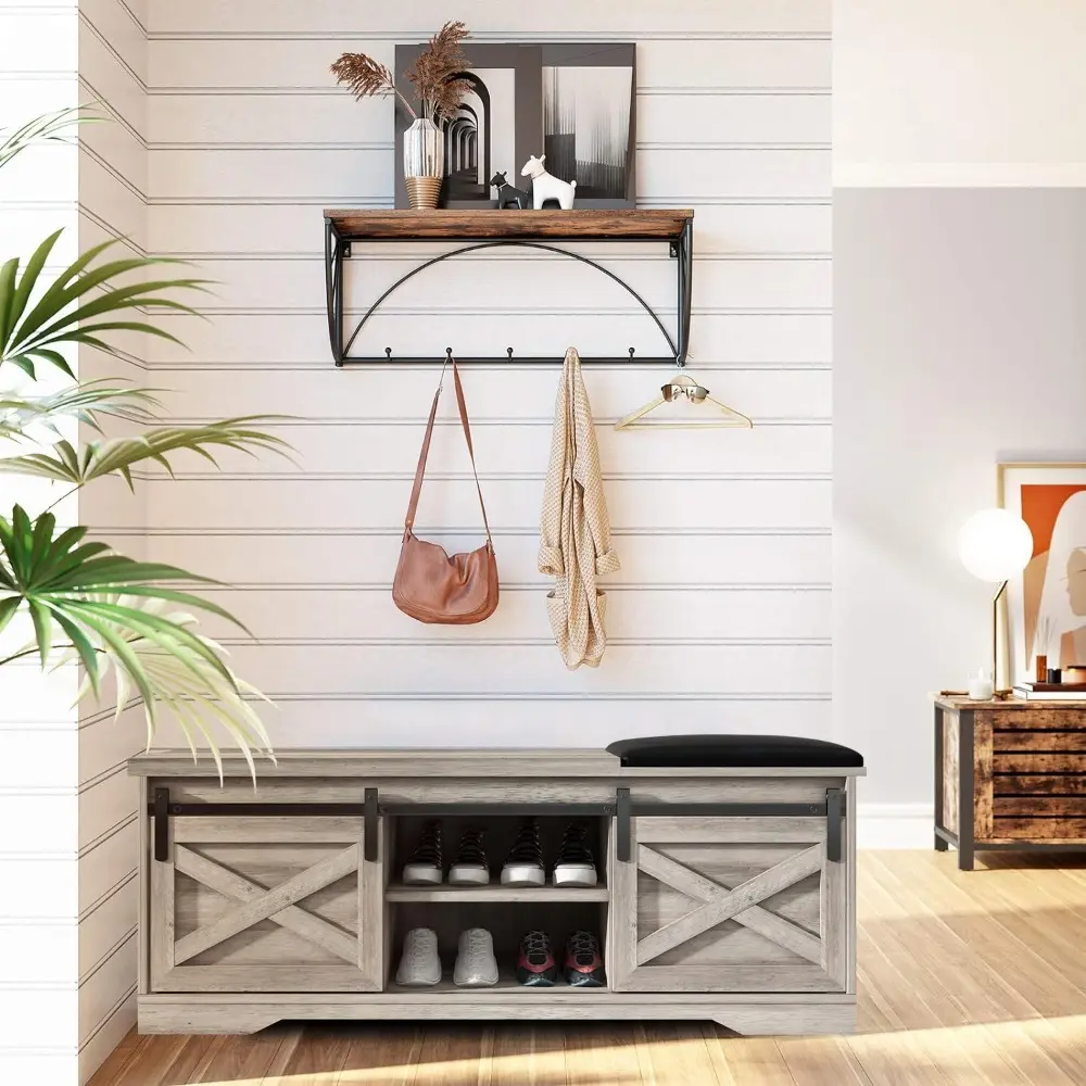 Shoe Bench Entryway with Storage, Modern Grey Shoe Cabinet with Sliding Barn Door, Storage Indoor Bench with 3 Adjustable Shelve