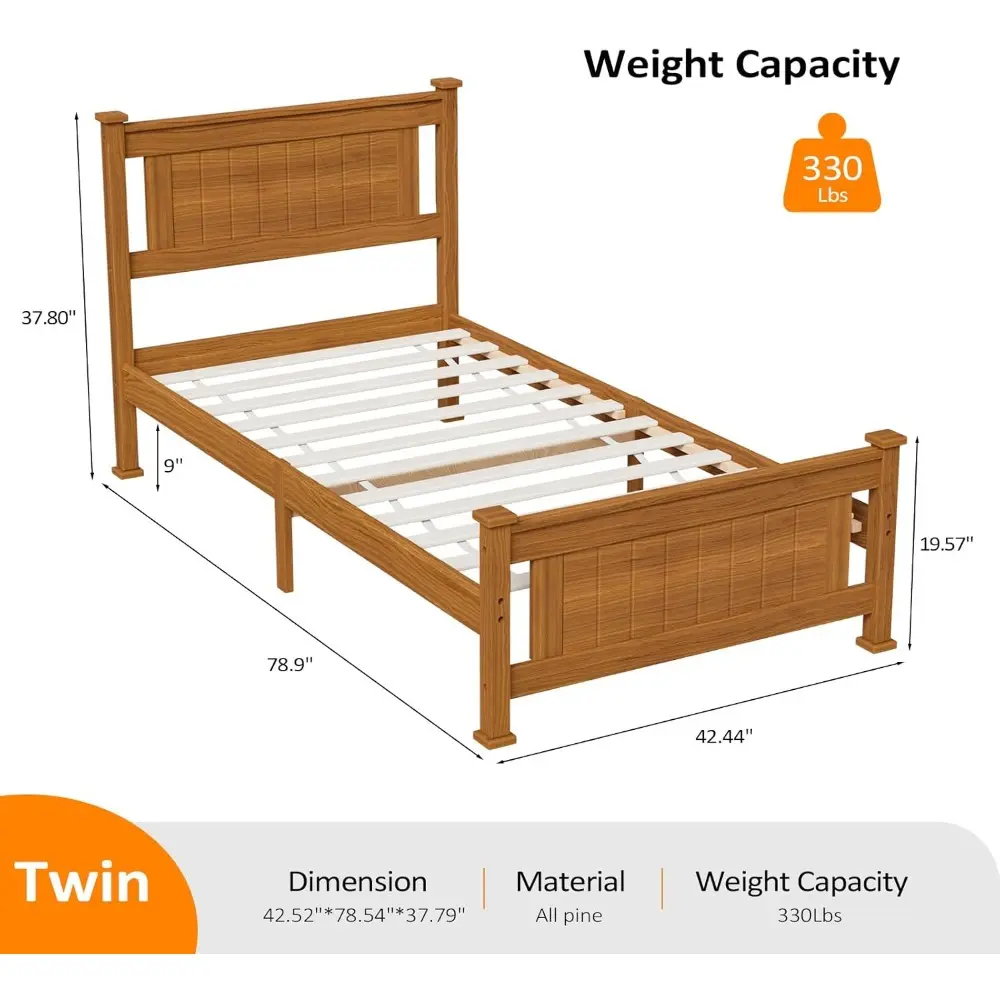VINGLI Twin Bed Frame Set of 2 Solid Wood Platform Bed Frame, Single Bed with Headboard, No Box Spring Needed Panel Bed, Wood Sl
