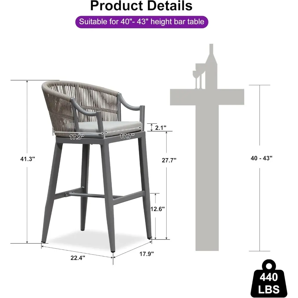 Outdoor Bar Stools Set of 2 Patio Wicker Modern High Bar Chairs Metal Cushioned Barstools with Backs and Ergonomic Armrest for