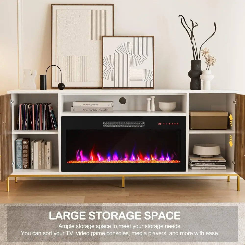 68" Wood TV Stand with 36" Electric Fireplace, Entertainment Center with Storage Cabinet, Console Table for TVs up to 75 Inches