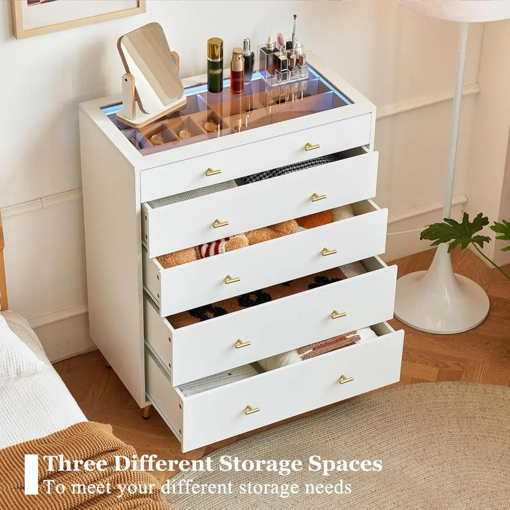 Wardrobe Closet Island with Drawers, Glass Tabletop & LED Lights, Jewelry Dresser Display, Wooden Closet Storage Cabinet for Bed
