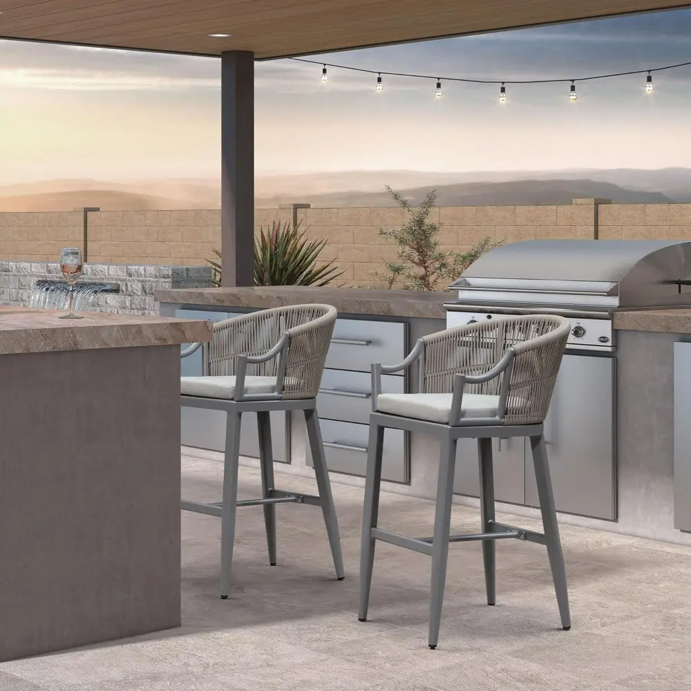 Outdoor Bar Stools Set of 2 Patio Wicker Modern High Bar Chairs Metal Cushioned Barstools with Backs and Ergonomic Armrest for