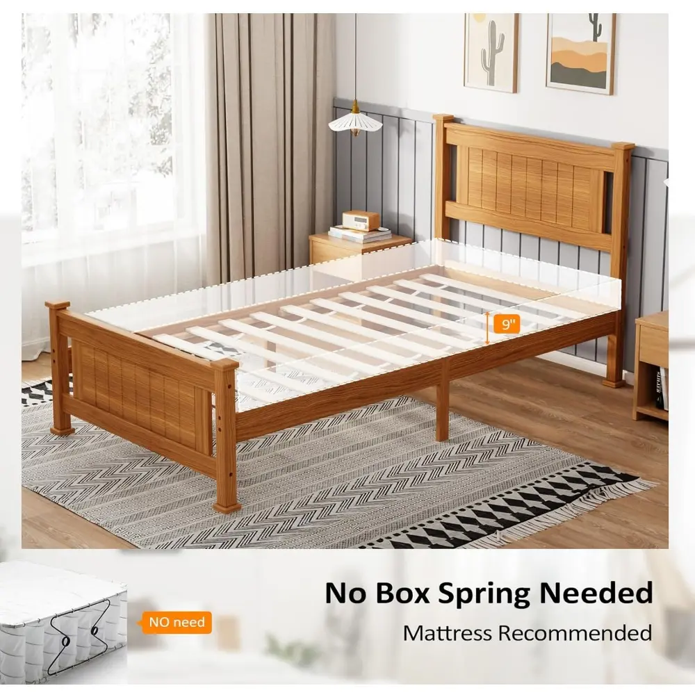 VINGLI Twin Bed Frame Set of 2 Solid Wood Platform Bed Frame, Single Bed with Headboard, No Box Spring Needed Panel Bed, Wood Sl