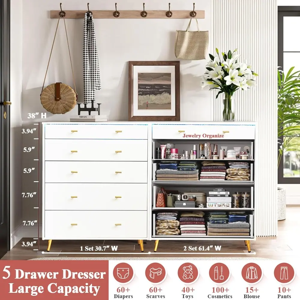 Wardrobe Closet Island with Drawers, Glass Tabletop & LED Lights, Jewelry Dresser Display, Wooden Closet Storage Cabinet for Bed