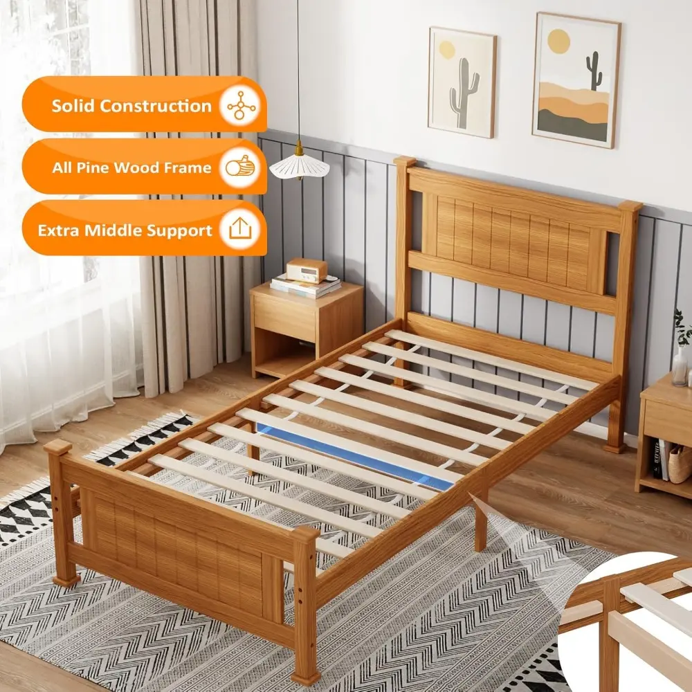 VINGLI Twin Bed Frame Set of 2 Solid Wood Platform Bed Frame, Single Bed with Headboard, No Box Spring Needed Panel Bed, Wood Sl