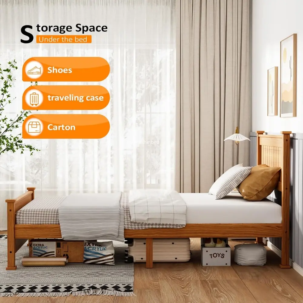 VINGLI Twin Bed Frame Set of 2 Solid Wood Platform Bed Frame, Single Bed with Headboard, No Box Spring Needed Panel Bed, Wood Sl