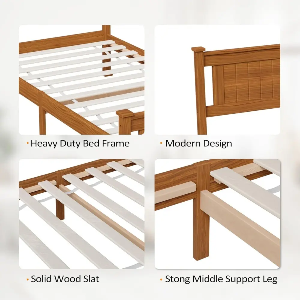 VINGLI Twin Bed Frame Set of 2 Solid Wood Platform Bed Frame, Single Bed with Headboard, No Box Spring Needed Panel Bed, Wood Sl