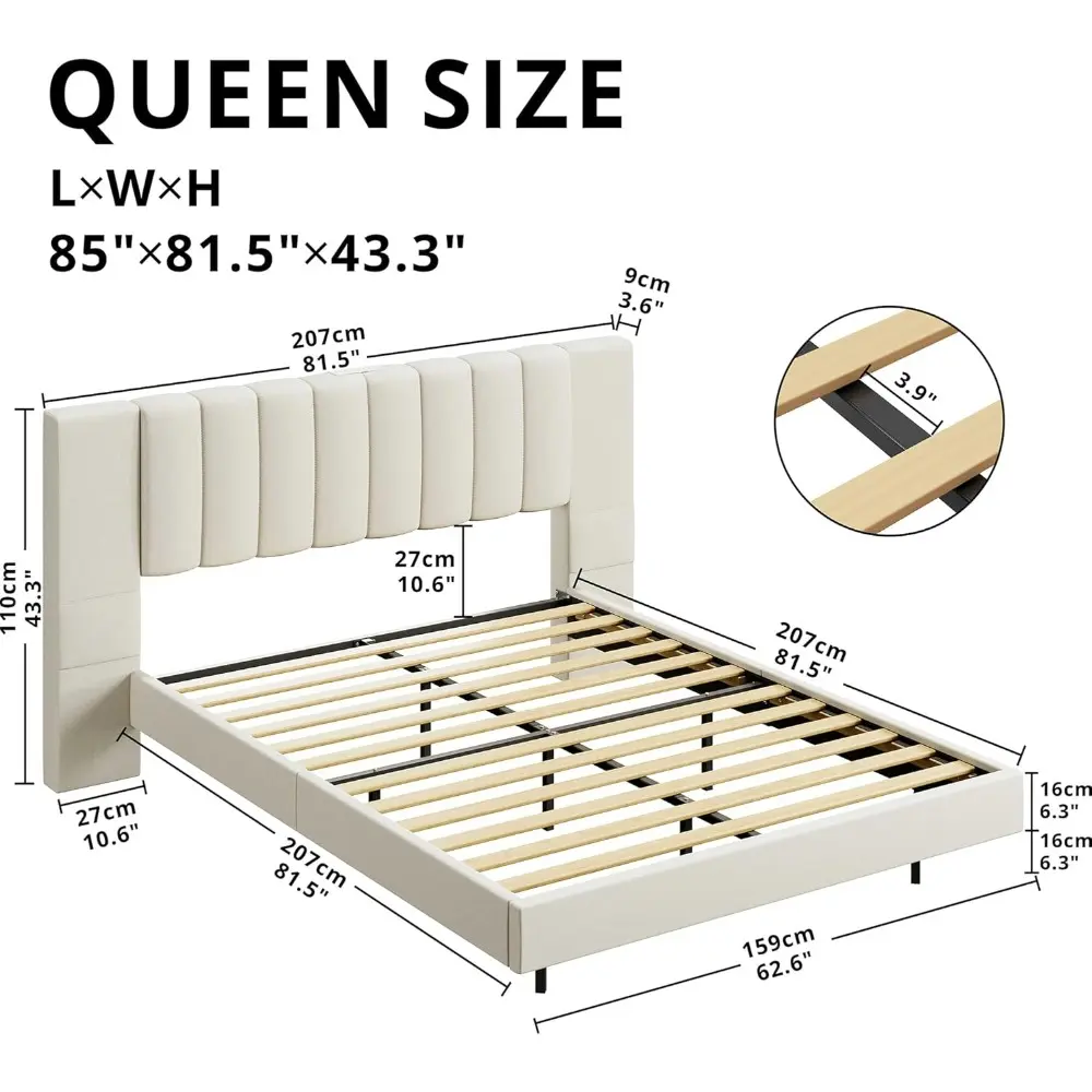 LIKIMIO Floating Bed Frame Queen Size with Wide Padded Headboard & LED Lights & Charging Station, Modern Queen Upholstered Platf