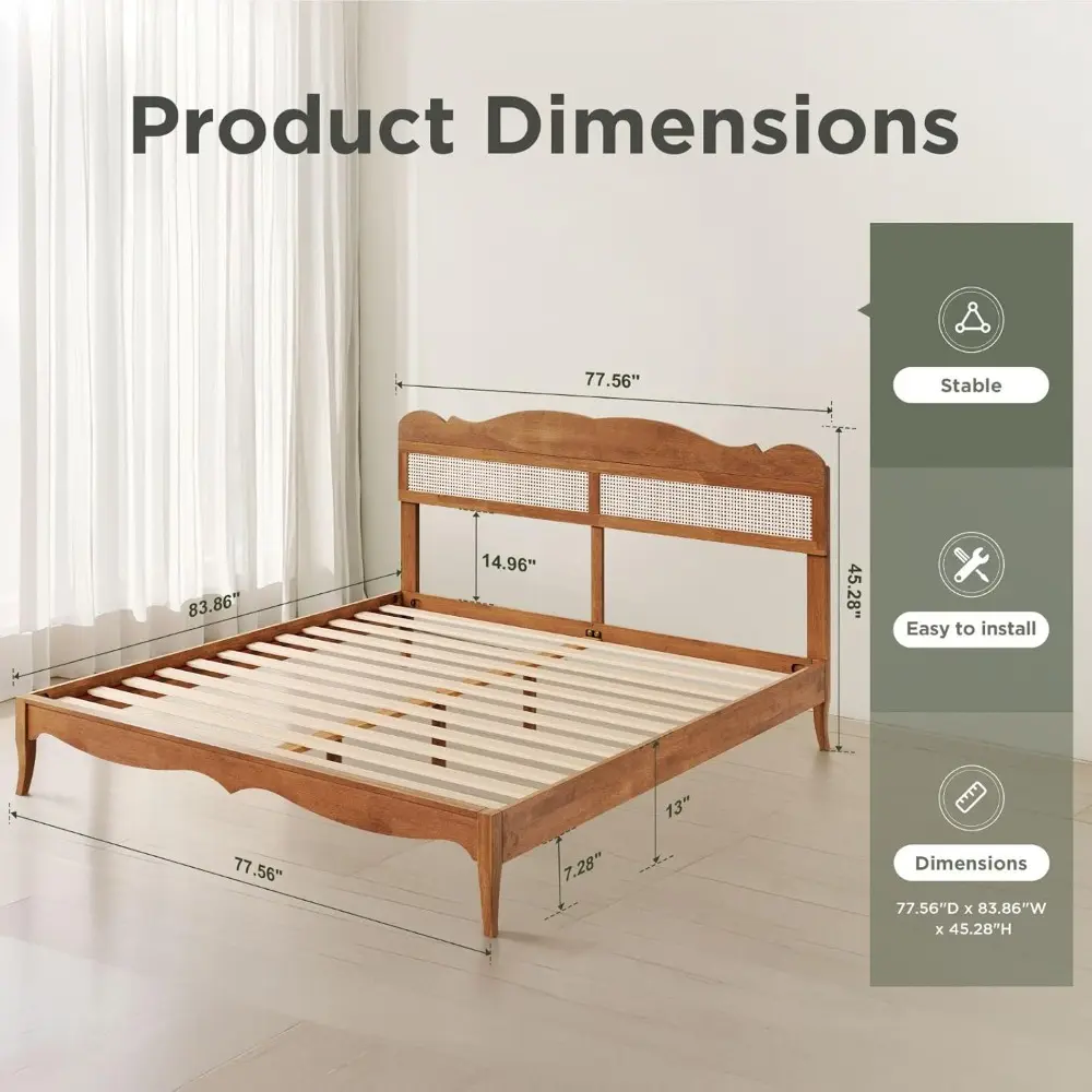 Sophia & William King Size Bed Frame, Wood Bed Frame with Hand-Woven Rattan Headboard, Solid Wood Slats Support, Brown