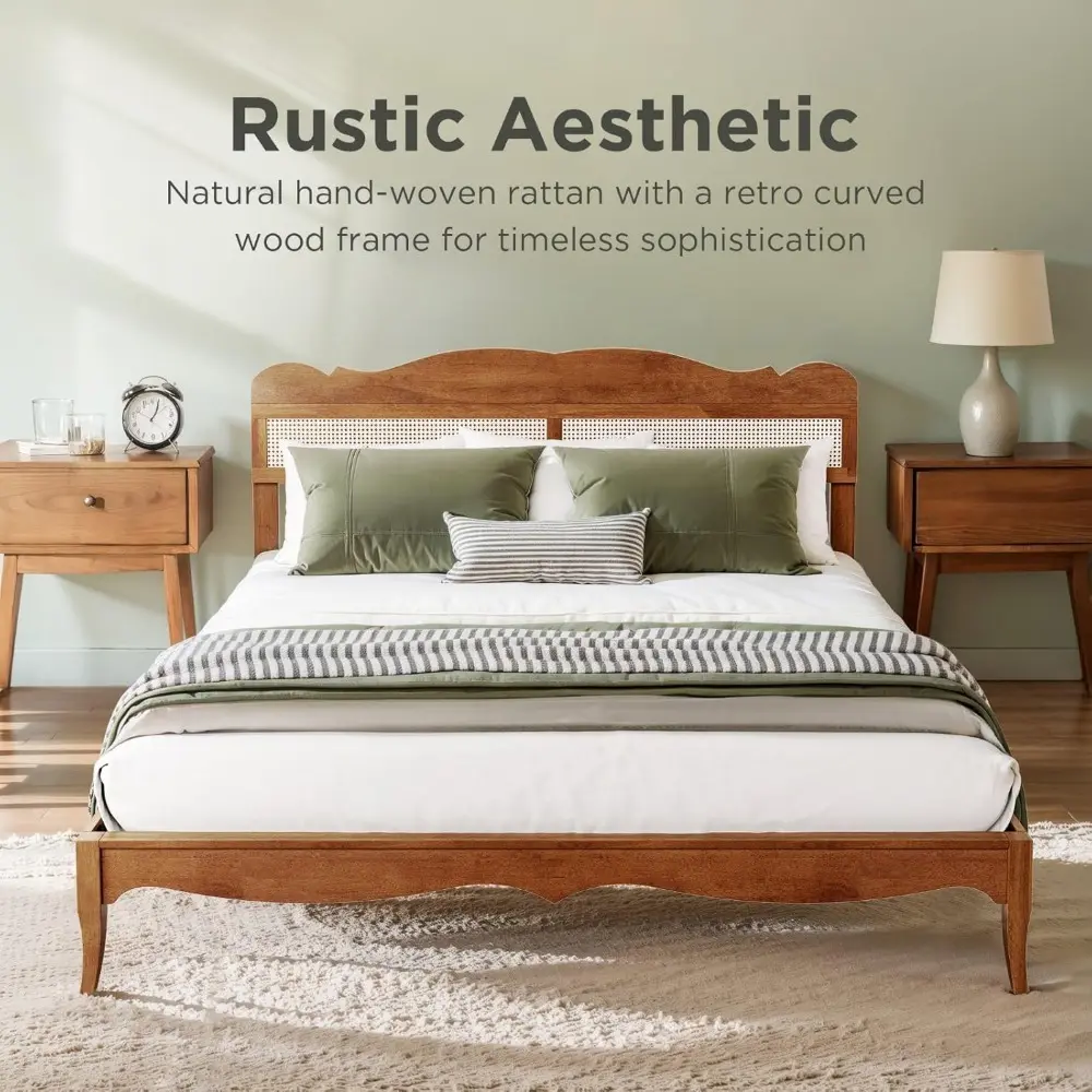 Sophia & William King Size Bed Frame, Wood Bed Frame with Hand-Woven Rattan Headboard, Solid Wood Slats Support, Brown