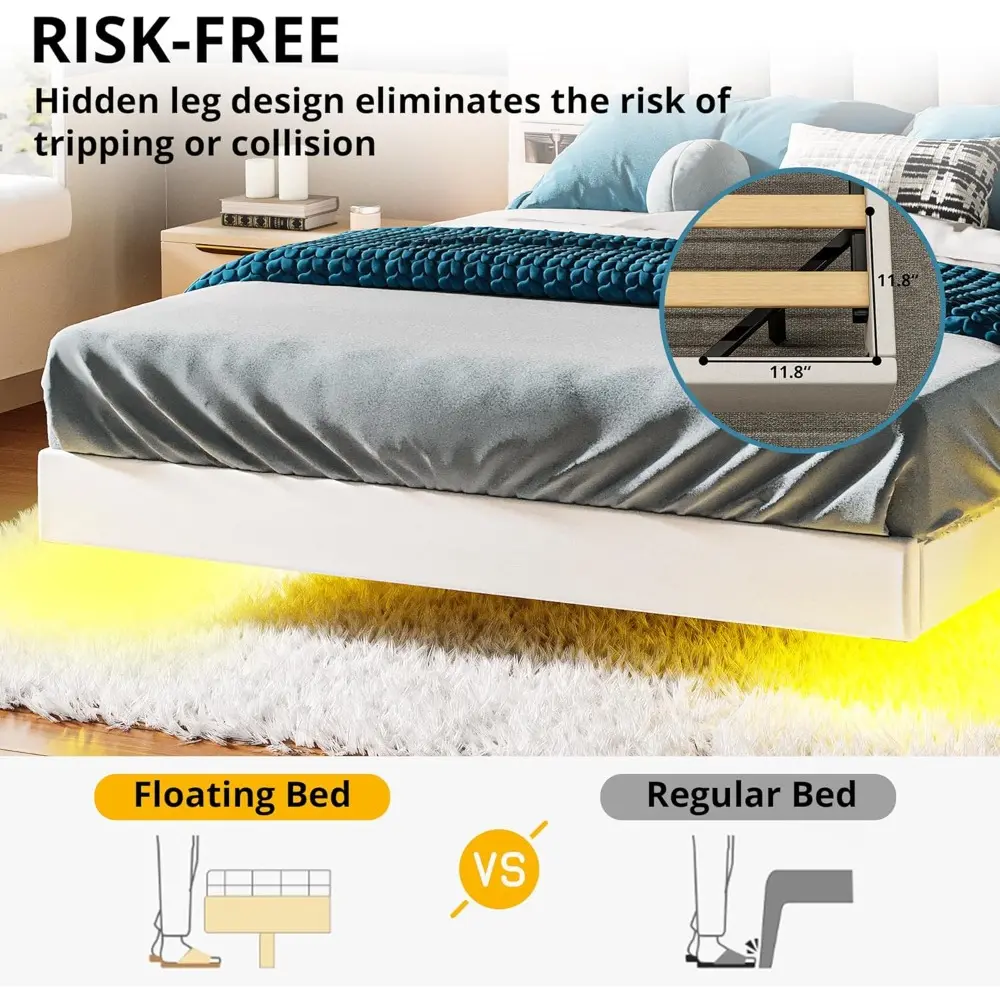 LIKIMIO Floating Bed Frame Queen Size with Wide Padded Headboard & LED Lights & Charging Station, Modern Queen Upholstered Platf