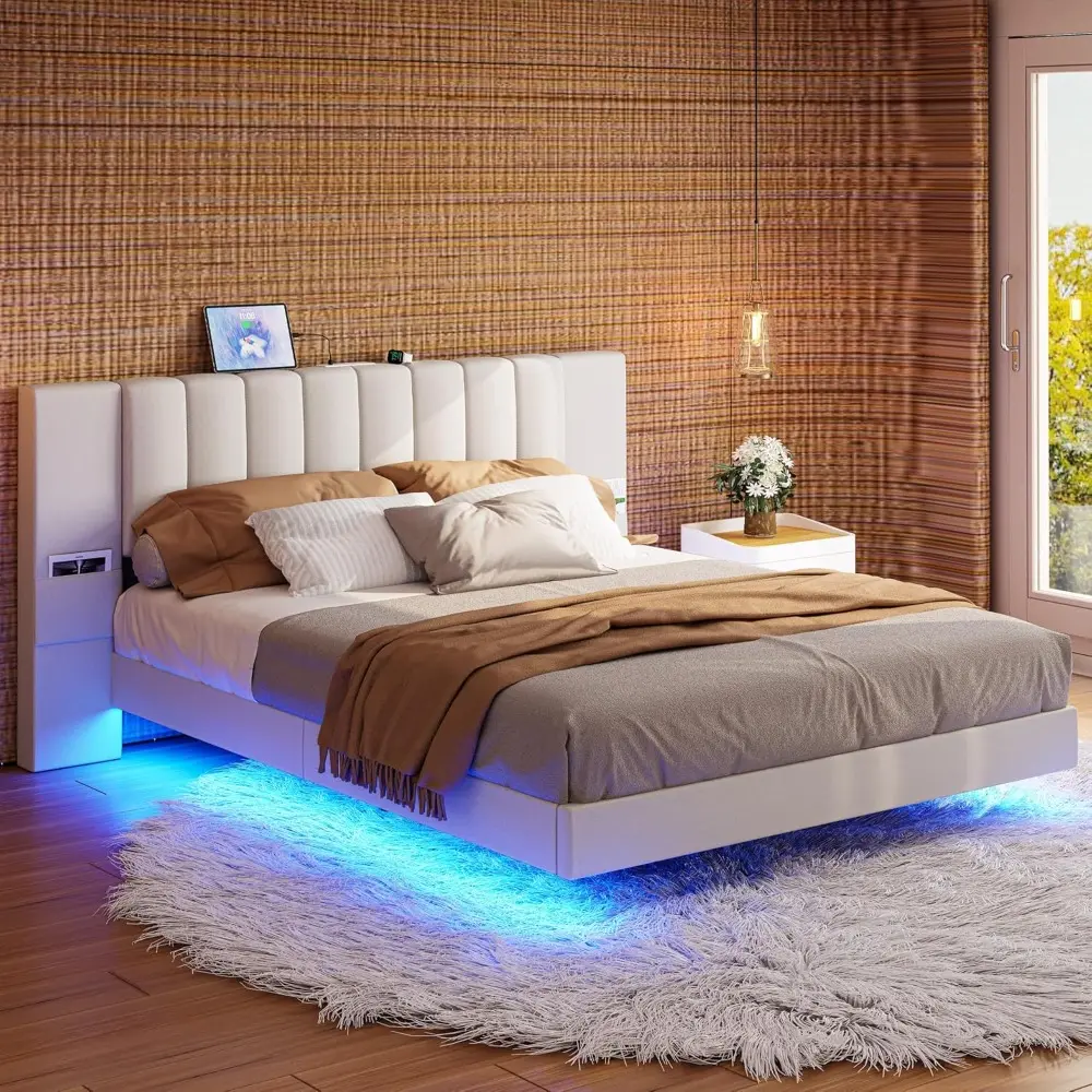 LIKIMIO Floating Bed Frame Queen Size with Wide Padded Headboard & LED Lights & Charging Station, Modern Queen Upholstered Platf