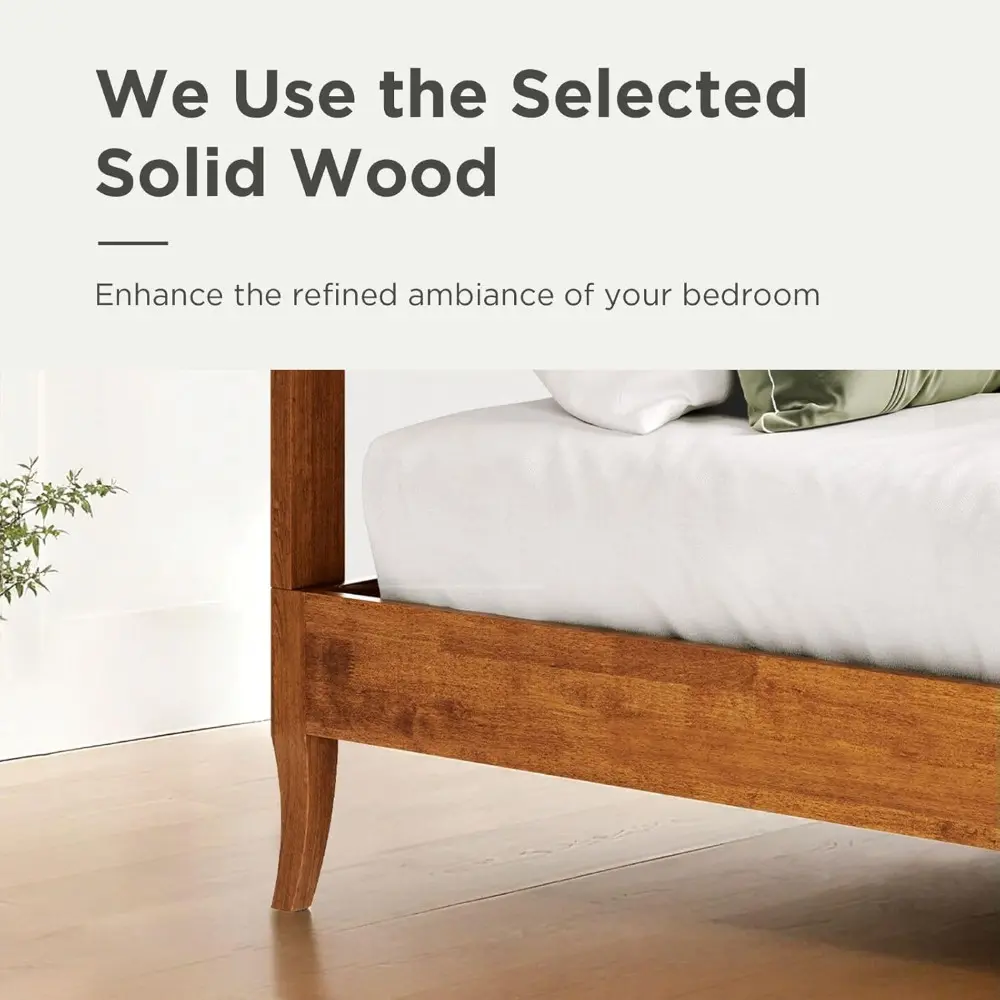 Sophia & William King Size Bed Frame, Wood Bed Frame with Hand-Woven Rattan Headboard, Solid Wood Slats Support, Brown