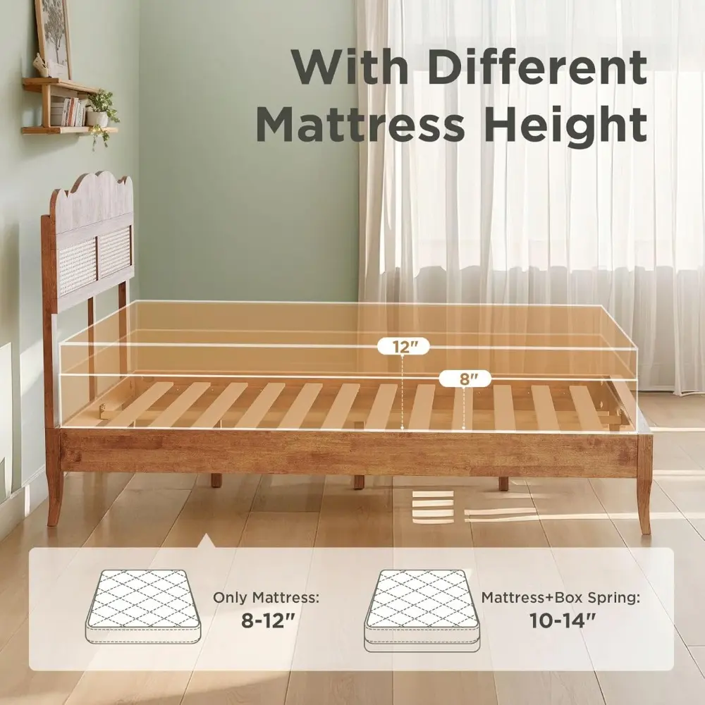 Sophia & William King Size Bed Frame, Wood Bed Frame with Hand-Woven Rattan Headboard, Solid Wood Slats Support, Brown