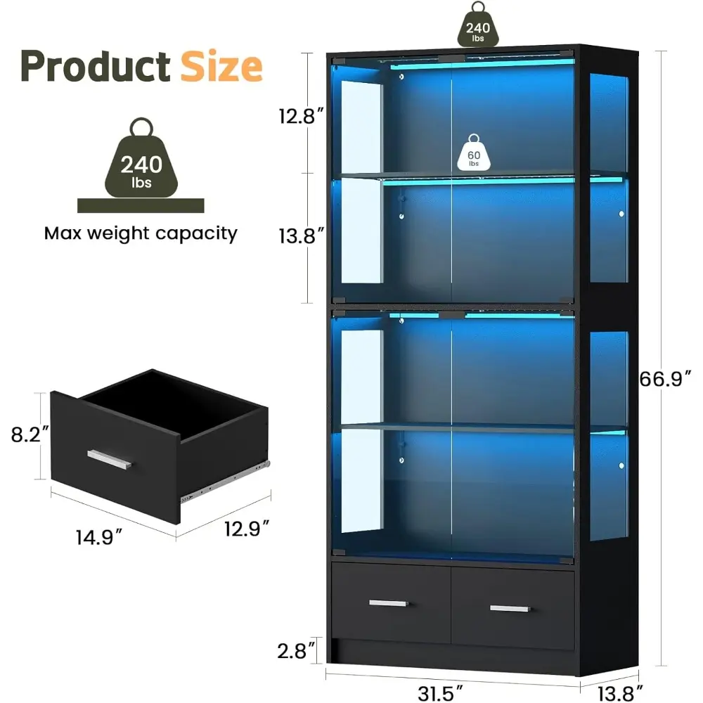 Glass Display Cabinet with Doors - Curio Cabinet with Dynamic LED Lights for Collectibles, 67" Display Case with 4 Tier and Draw