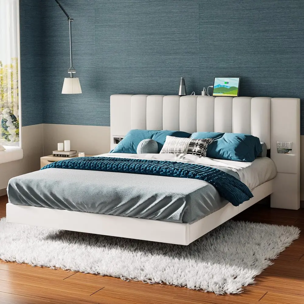 LIKIMIO Floating Bed Frame Queen Size with Wide Padded Headboard & LED Lights & Charging Station, Modern Queen Upholstered Platf