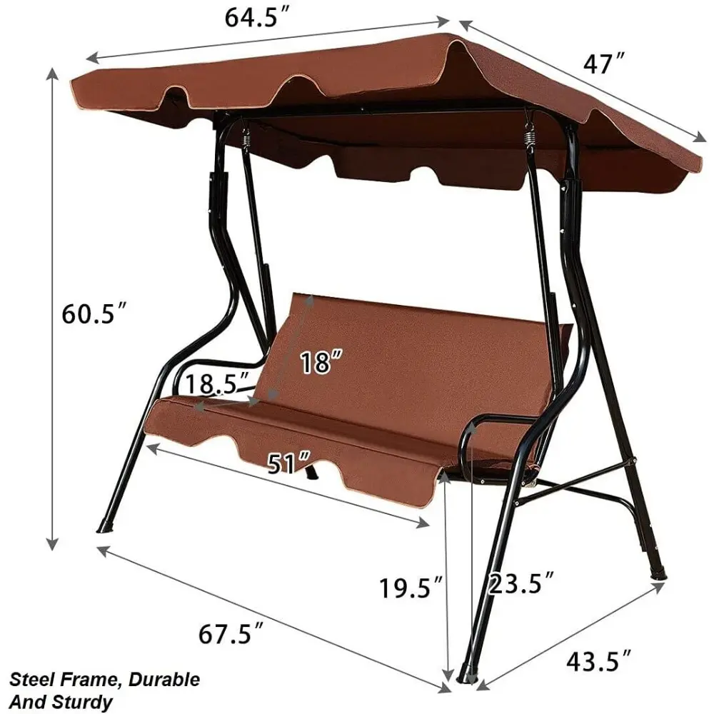 Brown Outdoor 3 Seats Sunshade Swing Bench Loveseat with Angle Adjustable Canopy Patio Porch Swing Chair Hammock Glider Sturdy S