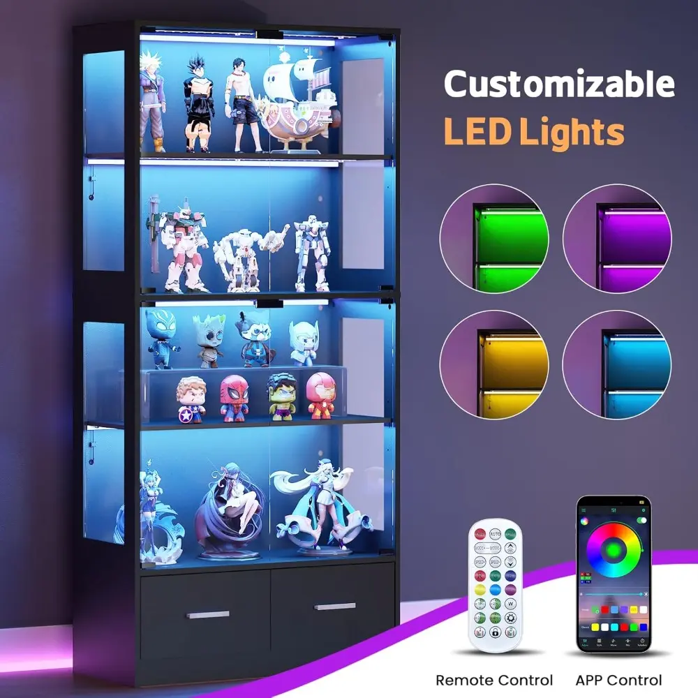 Glass Display Cabinet with Doors - Curio Cabinet with Dynamic LED Lights for Collectibles, 67" Display Case with 4 Tier and Draw