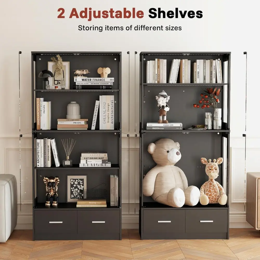 Glass Display Cabinet with Doors - Curio Cabinet with Dynamic LED Lights for Collectibles, 67" Display Case with 4 Tier and Draw