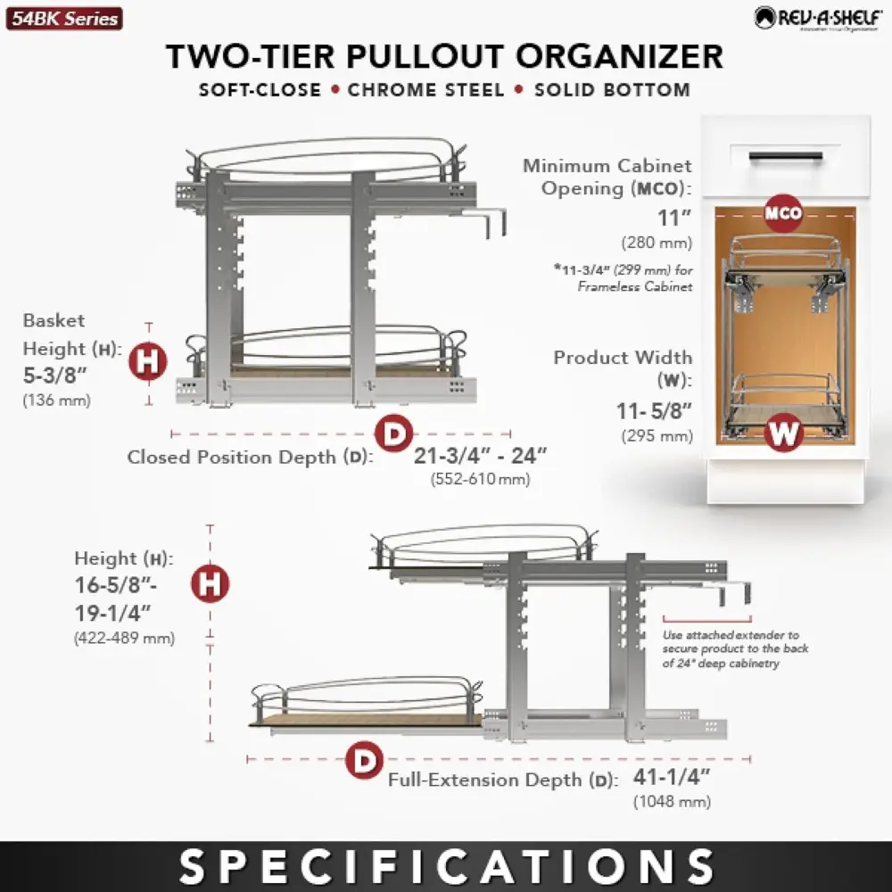 Rev-A-Shelf 2 Tier Pull Out Kitchen Cabinet Storage Organizer with Solid Bottom & Undermount Soft-Close Full Extension Slides, 5