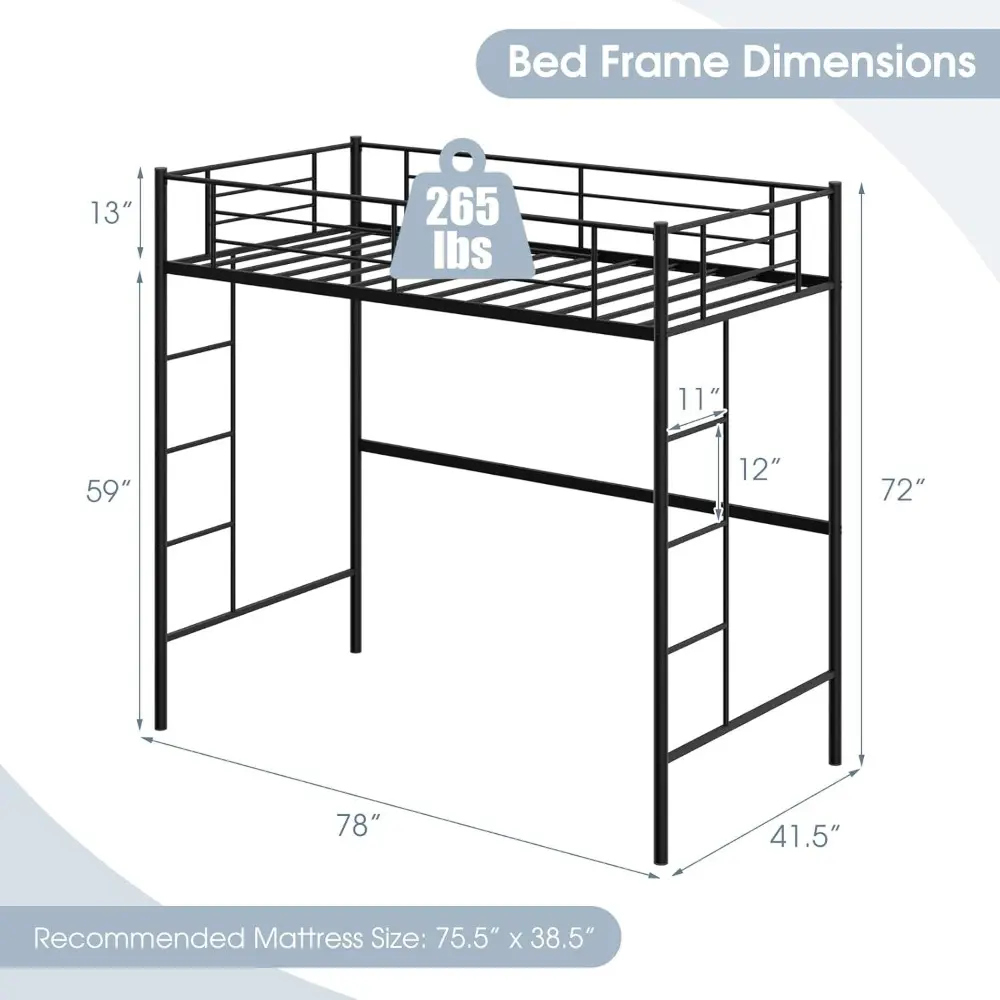 Giantex Twin Size Loft Bed Frame, Metal Loft Bed with Full-Length Safety Guardrail & 2 Bilateral Ladders, Space-Saving Bunk Bed