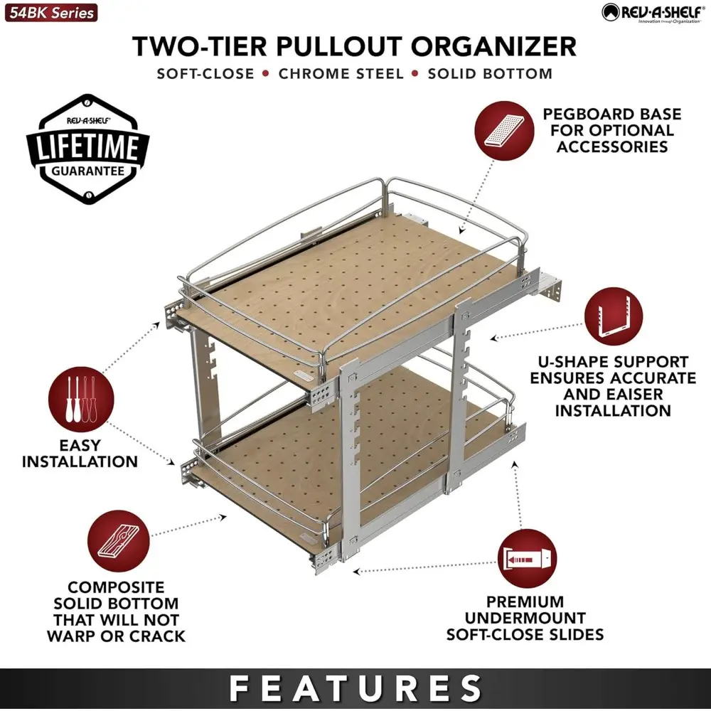 Rev-A-Shelf 2 Tier Pull Out Kitchen Cabinet Storage Organizer with Solid Bottom & Undermount Soft-Close Full Extension Slides, 5
