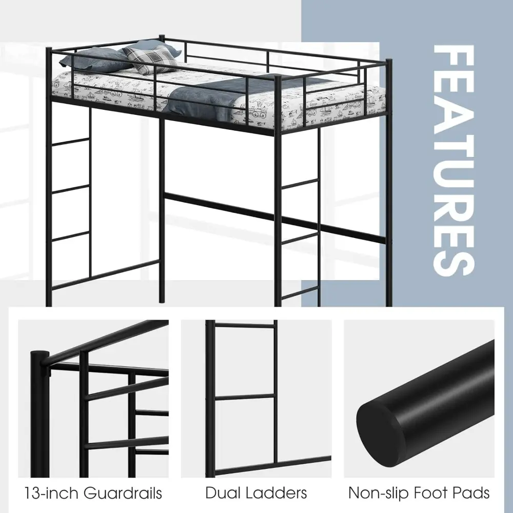 Giantex Twin Size Loft Bed Frame, Metal Loft Bed with Full-Length Safety Guardrail & 2 Bilateral Ladders, Space-Saving Bunk Bed