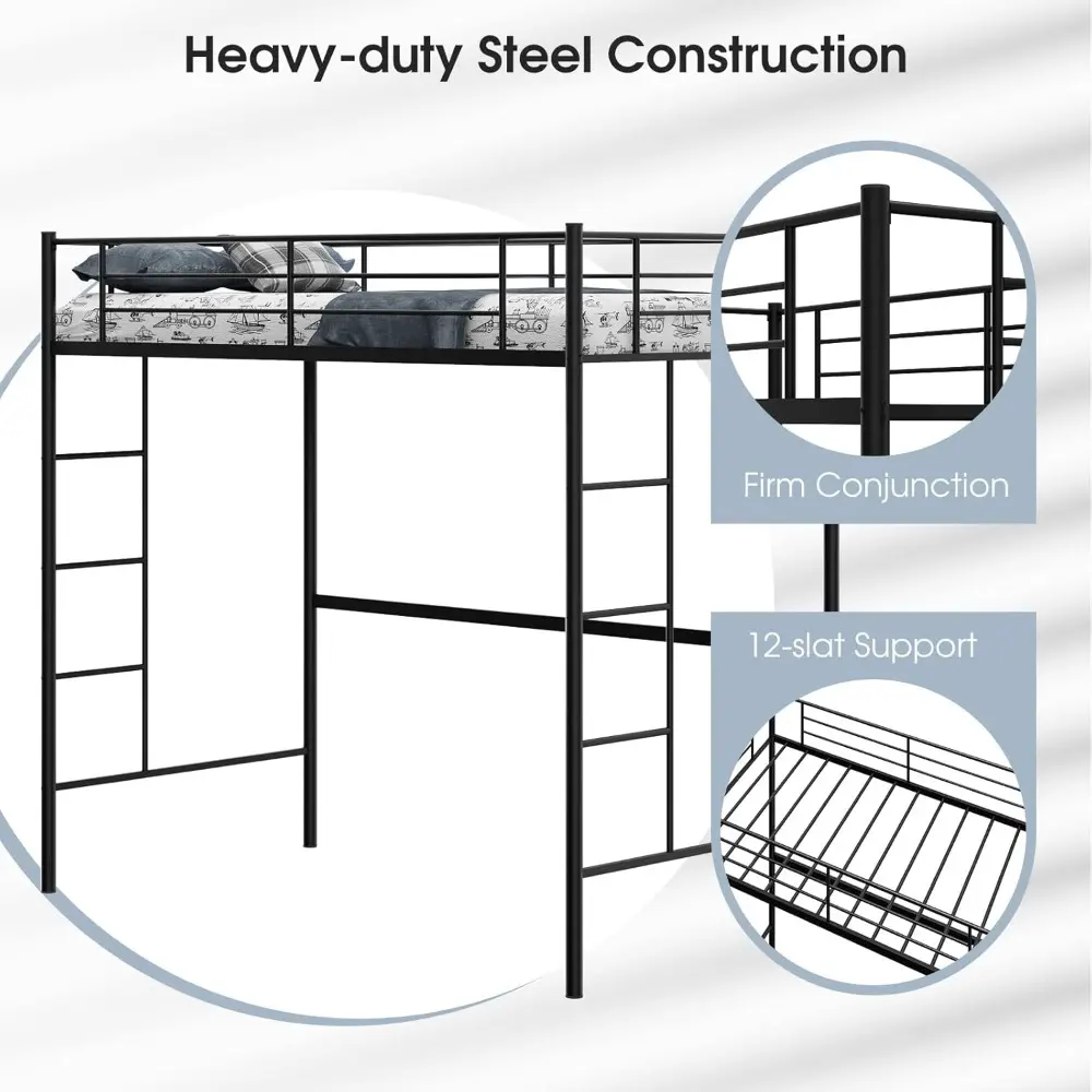 Giantex Twin Size Loft Bed Frame, Metal Loft Bed with Full-Length Safety Guardrail & 2 Bilateral Ladders, Space-Saving Bunk Bed