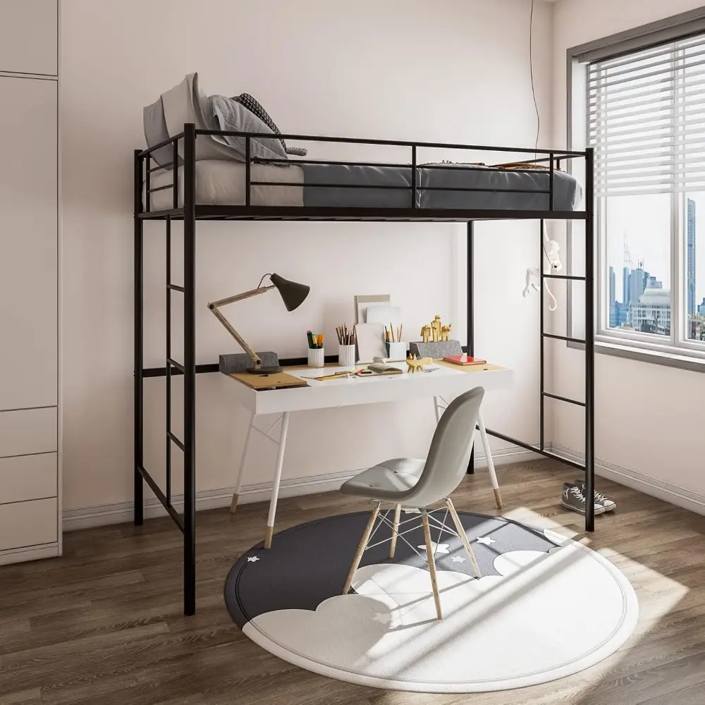 Giantex Twin Size Loft Bed Frame, Metal Loft Bed with Full-Length Safety Guardrail & 2 Bilateral Ladders, Space-Saving Bunk Bed