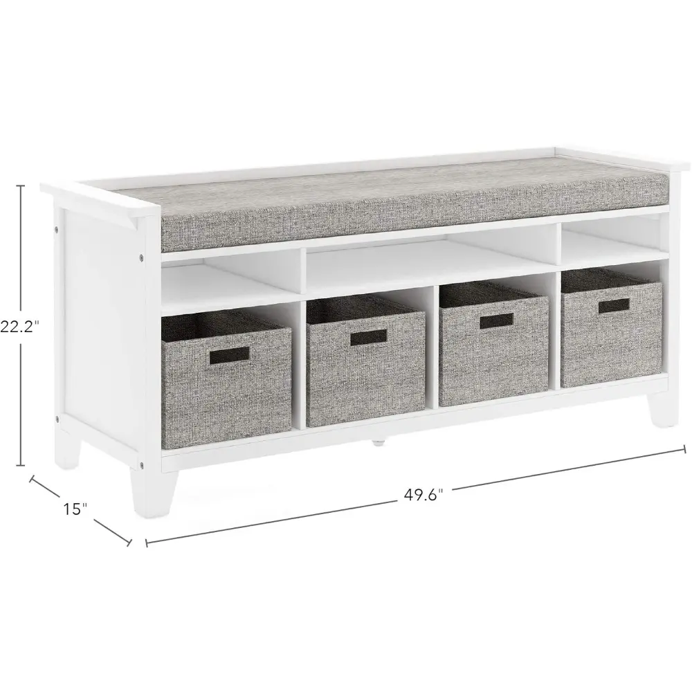 Martha Stewart Kids' Storage Bench - Linen White: Wooden Toy and Book Organizer with Shelves, Built-in Cushion and Fabric Bins f