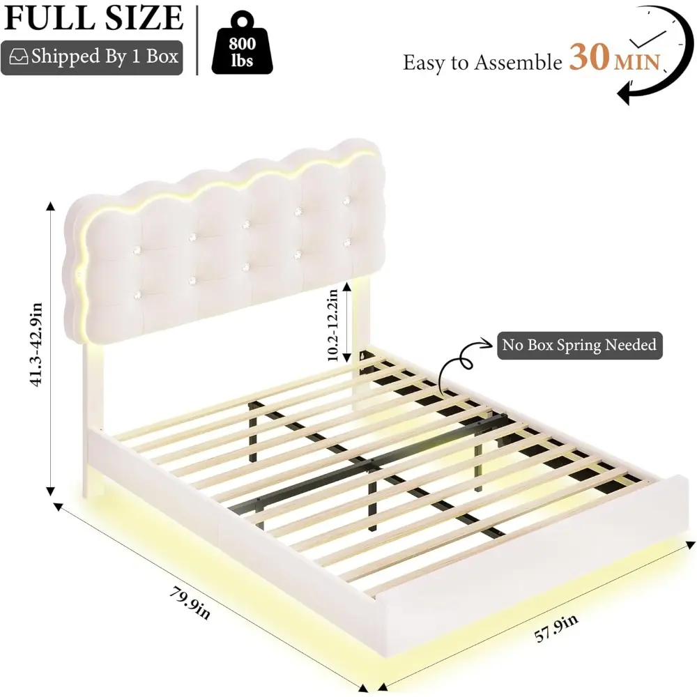 HIFIT Upholstered Full Size LED Bed Frame with Charging Station and Adjustable Crystal Button-Tufted Puffs Headboard, Velvet Pri