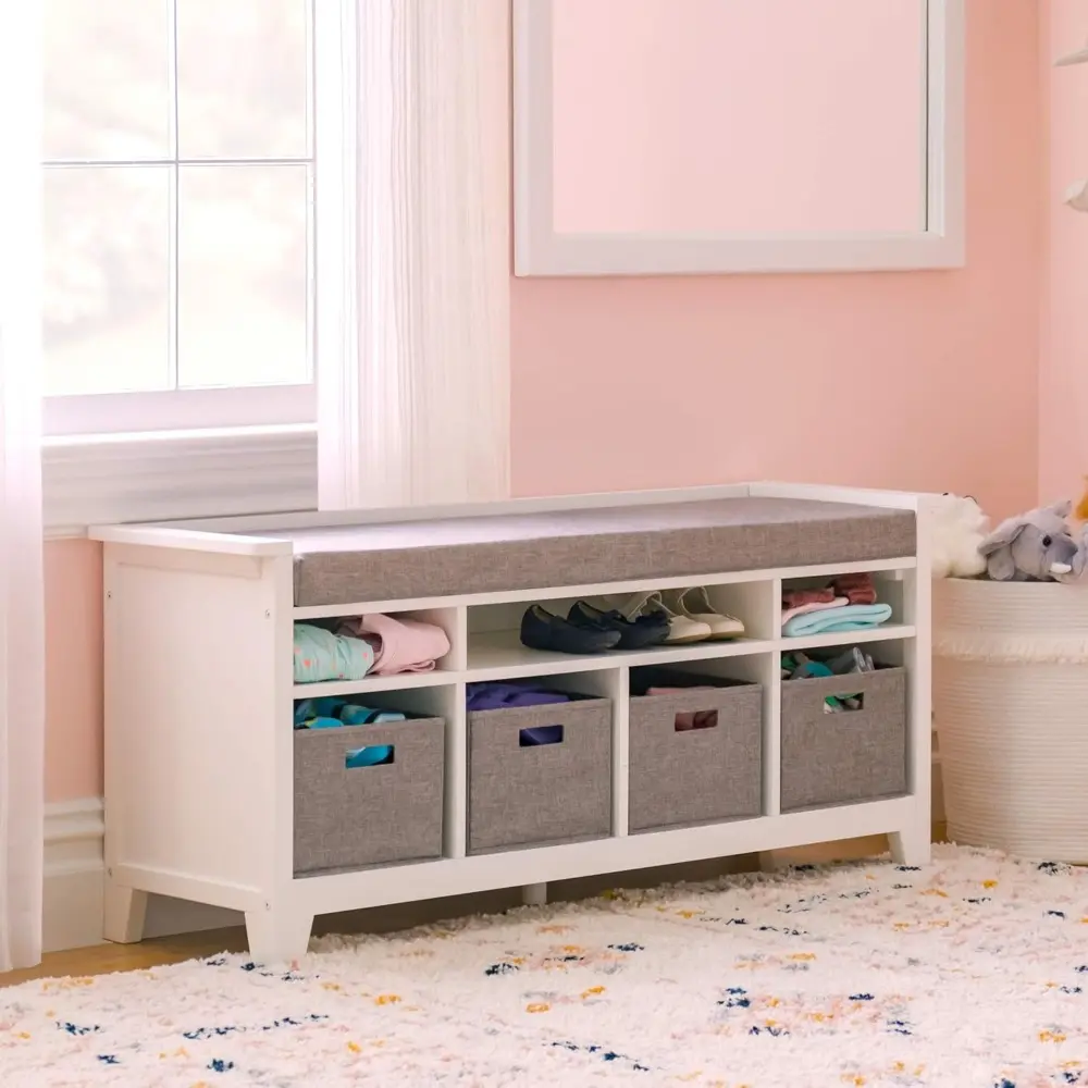 Martha Stewart Kids' Storage Bench - Linen White: Wooden Toy and Book Organizer with Shelves, Built-in Cushion and Fabric Bins f