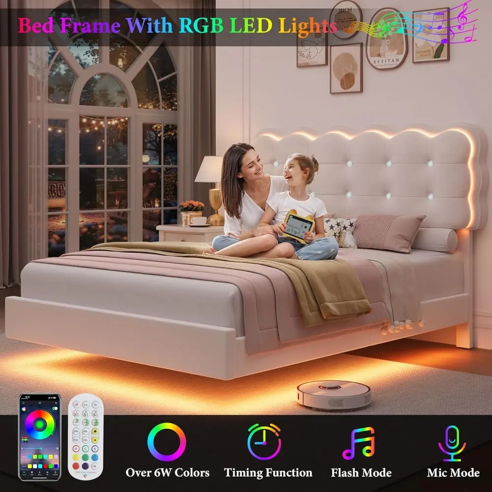 HIFIT Upholstered Full Size LED Bed Frame with Charging Station and Adjustable Crystal Button-Tufted Puffs Headboard, Velvet Pri