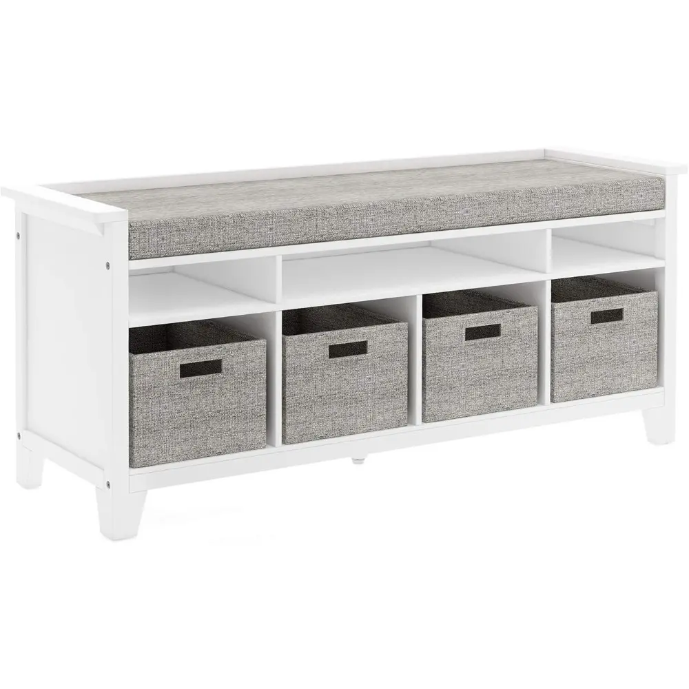 Martha Stewart Kids' Storage Bench - Linen White: Wooden Toy and Book Organizer with Shelves, Built-in Cushion and Fabric Bins f