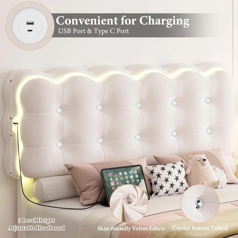 HIFIT Upholstered Full Size LED Bed Frame with Charging Station and Adjustable Crystal Button-Tufted Puffs Headboard, Velvet Pri