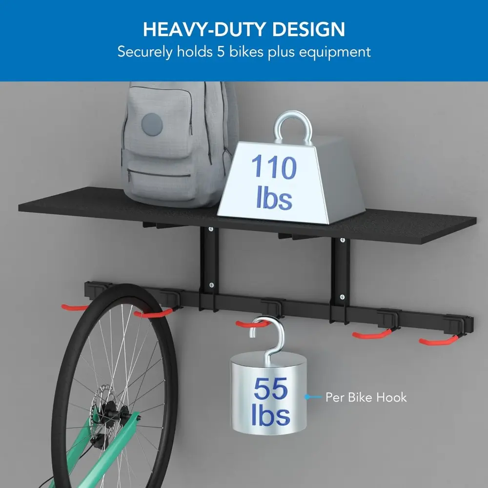 Mount-It! WheelsUp Bike Storage Rack with Shelf | Wall Mounted Garage Organizer Holds 5 Bikes | Adjustable Padded Hooks, Max Cap