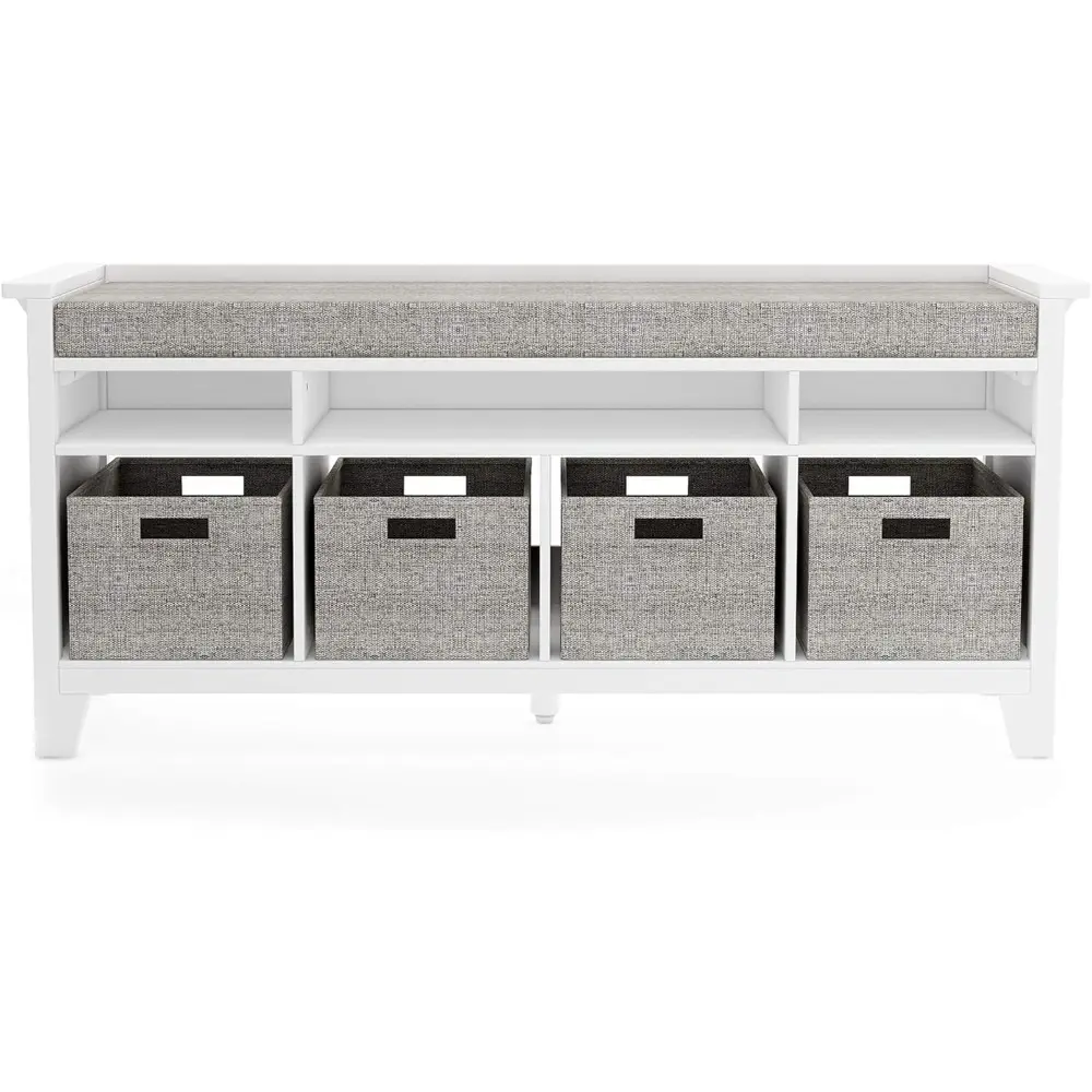 Martha Stewart Kids' Storage Bench - Linen White: Wooden Toy and Book Organizer with Shelves, Built-in Cushion and Fabric Bins f