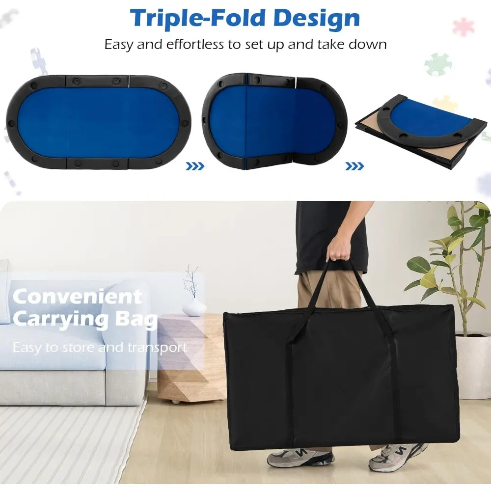 84" x 42" Poker Table Top, 10 Player Oval Triple-Fold Blackjack Poker Card Table Topper w/Carrying Bag, Cup Holders, Portable F