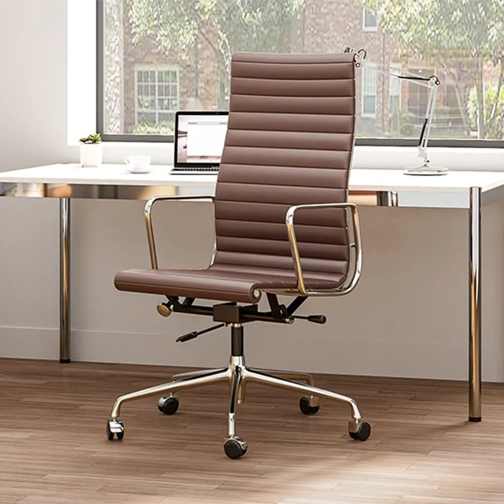 Ribbed Office Chair Top Grain Leather Desk Chair High Back Genuine Leather Swivel Chairs with Aluminum Alloy Arms & Base, with S