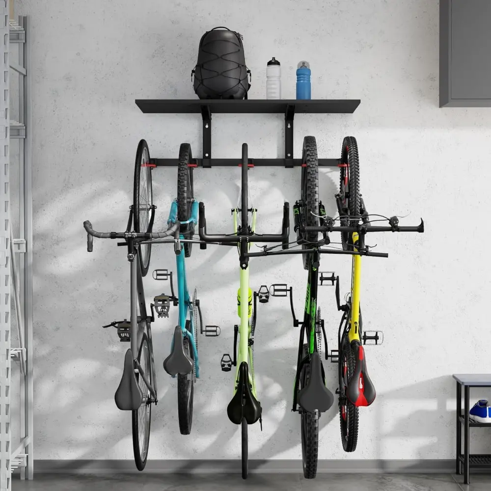 Mount-It! WheelsUp Bike Storage Rack with Shelf | Wall Mounted Garage Organizer Holds 5 Bikes | Adjustable Padded Hooks, Max Cap