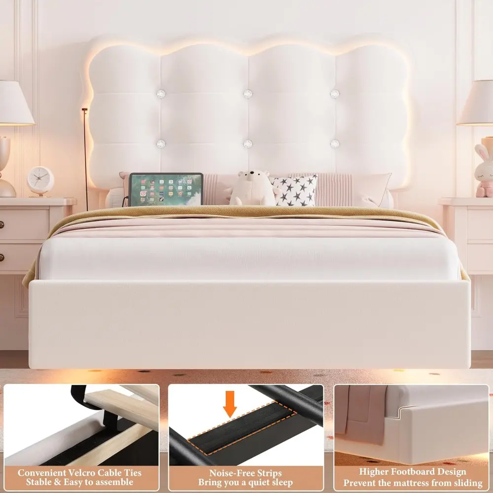 HIFIT Upholstered Full Size LED Bed Frame with Charging Station and Adjustable Crystal Button-Tufted Puffs Headboard, Velvet Pri
